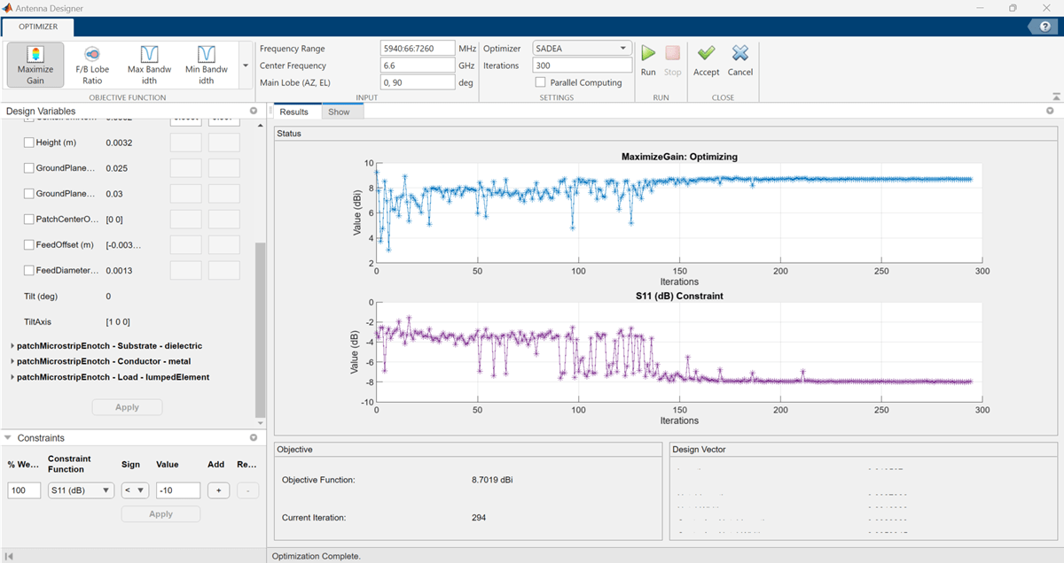 MATLAB antenna geometry and optimization analysis