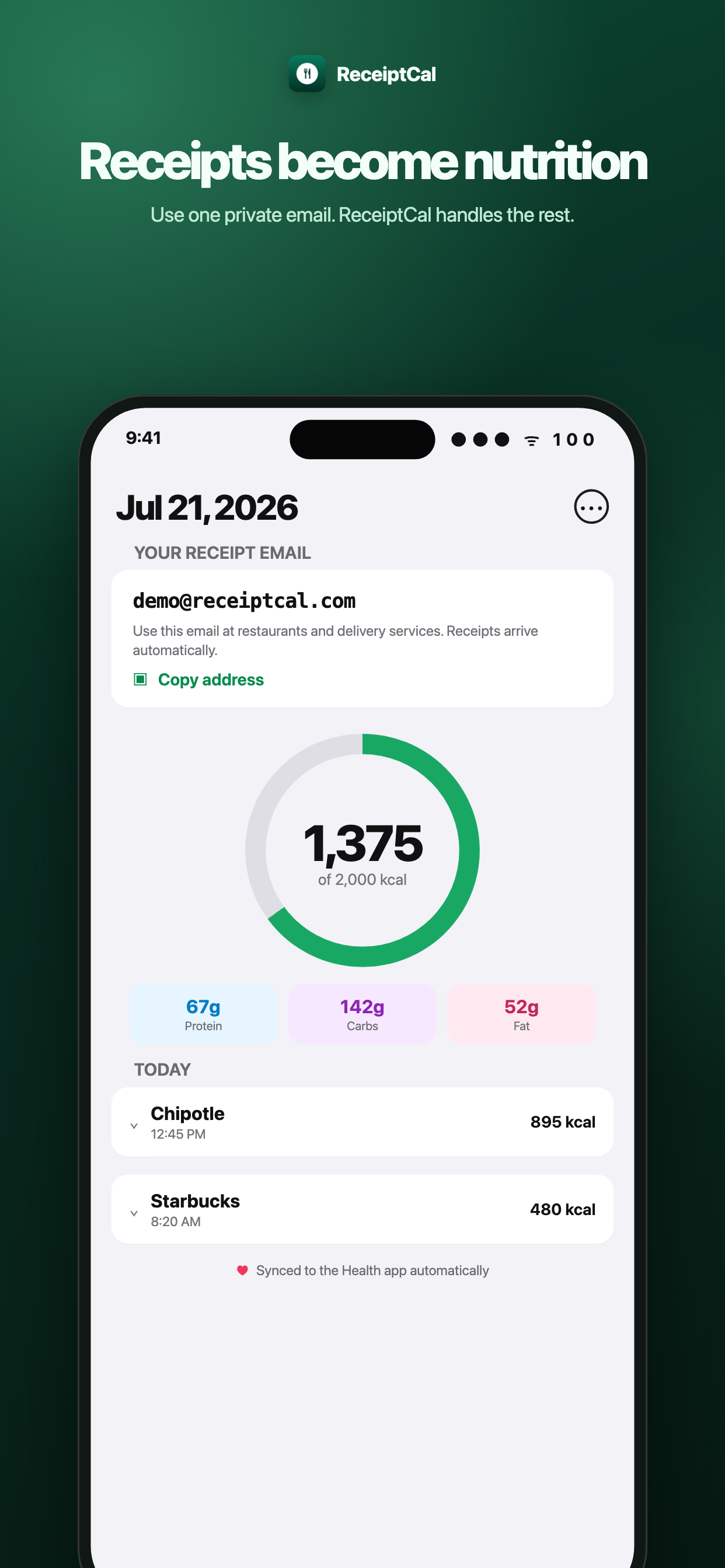 ReceiptCal daily nutrition dashboard